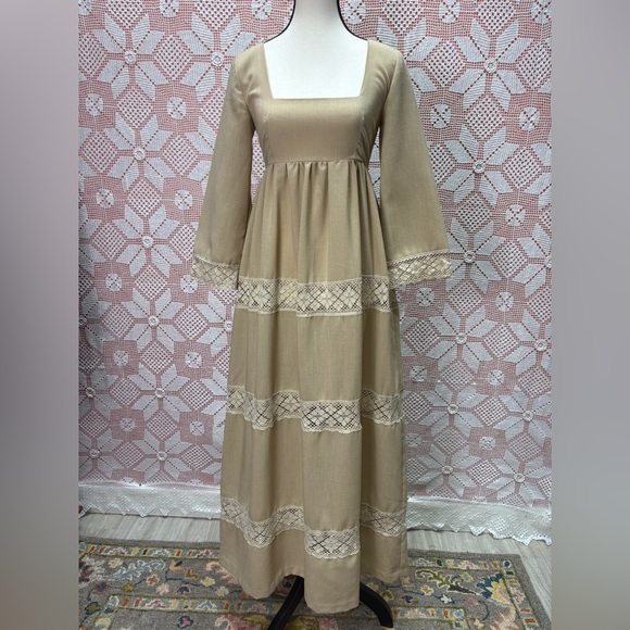 Vintage Dresses & Skirts - Vintage 70s Romantic Prairie Lace Trim Empire Maxi Dress – Handcrafted